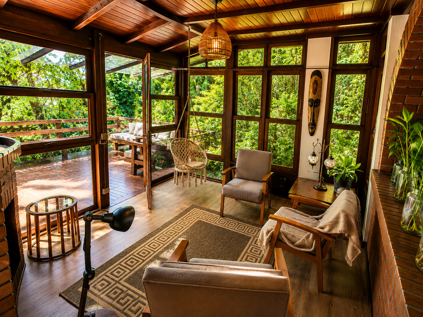 Sala de estar com lareira e janelas para o verde